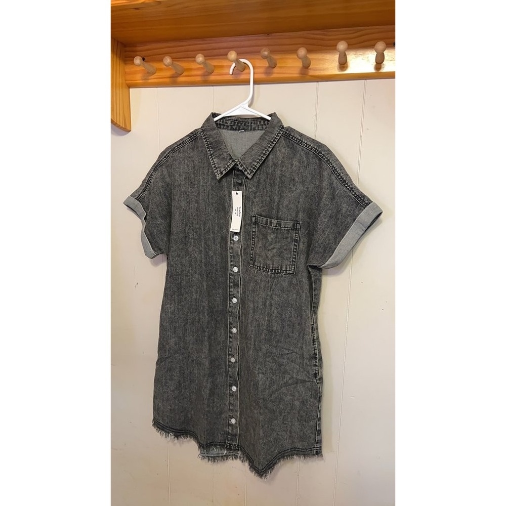 Yessirfam Washed Black Denim Short Sleeve Shirt Dress, Size Large